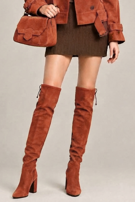 Women's terracotta custom-made thigh-high boots with round toe and high block heel - Worn view